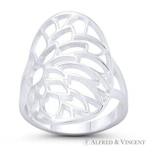 Lotus Flower Buddhist Charm Statement Long Ring in .925 Sterling Silver -Size 10